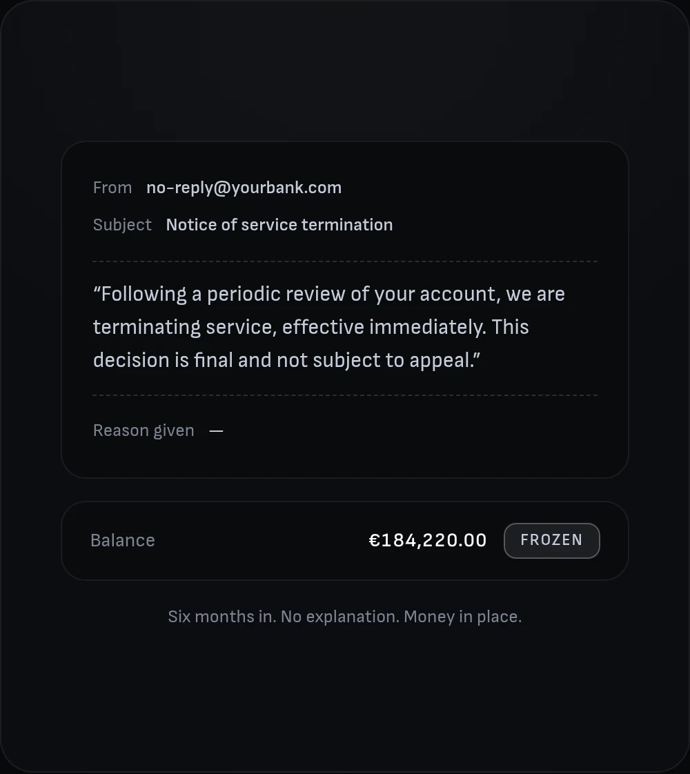 A termination notice from a bank, no reason given, balance frozen